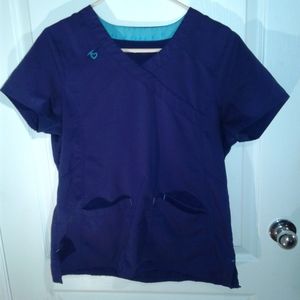 Navy Blue Faux Wrap Scrub Top